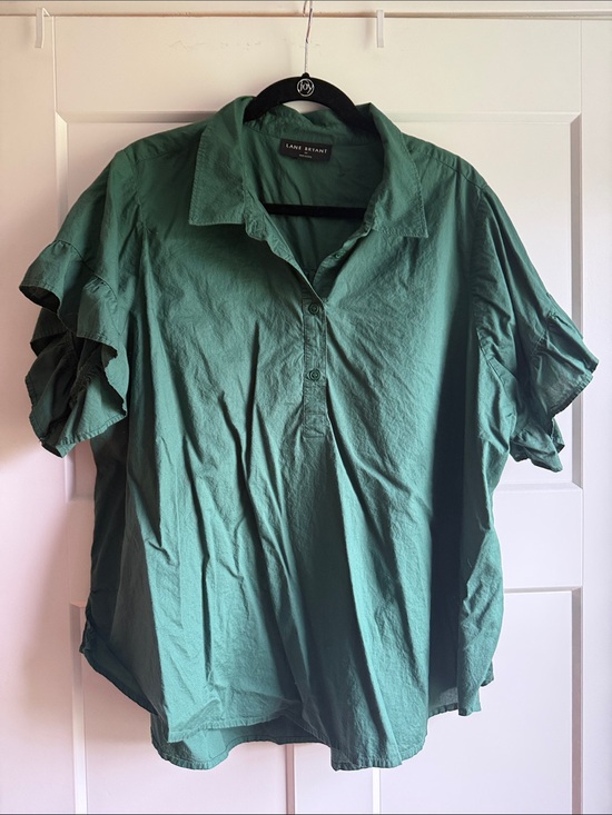 Lane Bryant Tops - Lane Bryant Green Ruffle Sleeve Button Polo Blouse